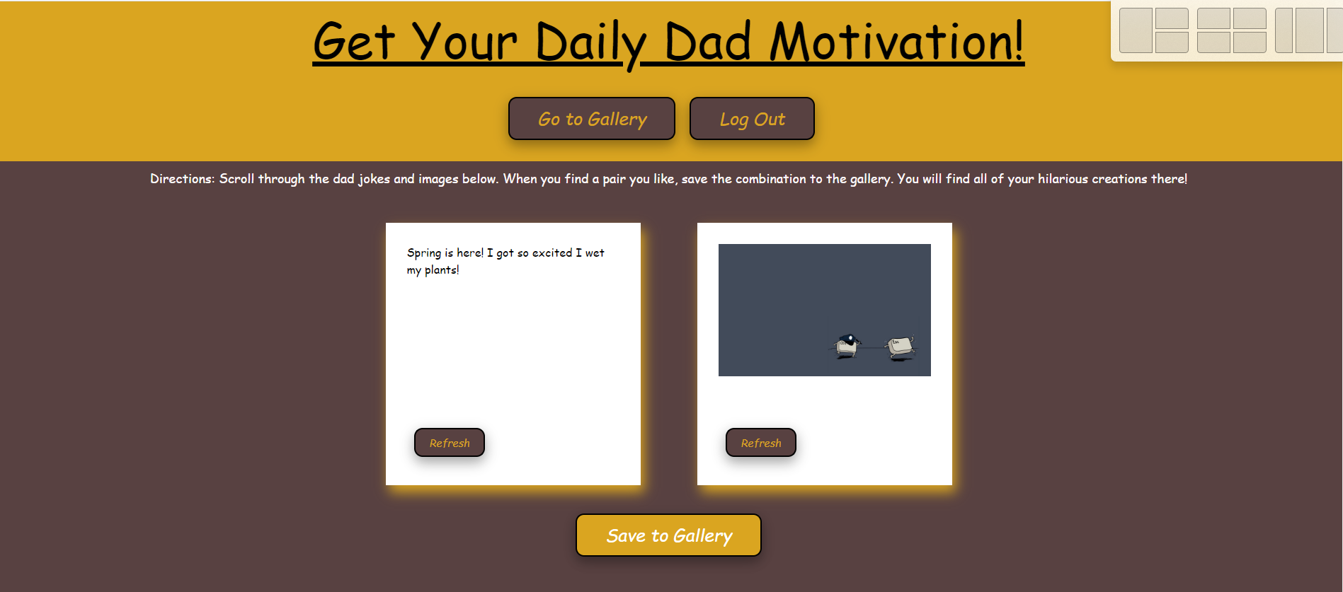 screenshot of login page for a site that provides dad jokes and images